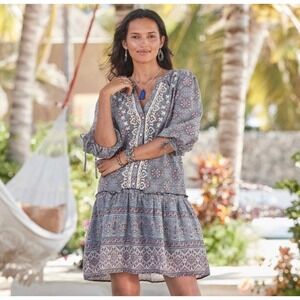 Sundance Zuri Discovery Embroidered Blue Boho Mini Dress Size XS Peasant Cottage
